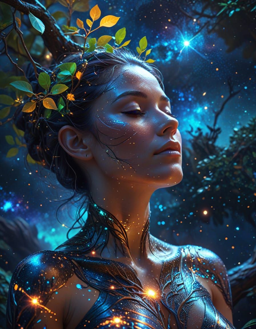 Cosmic Tree of Life: Woman Meditating Amidst Galaxies