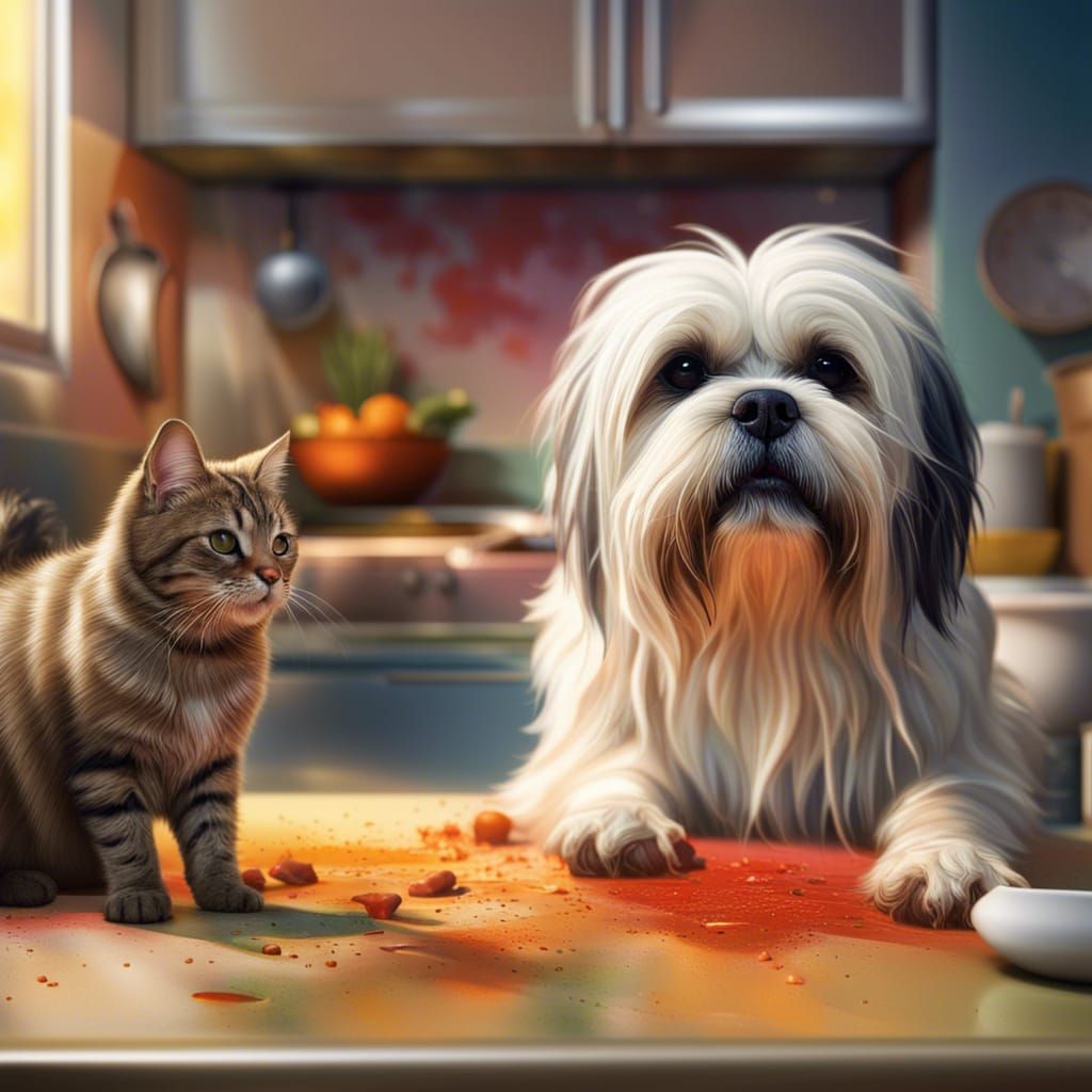 Hyperrealistic Shih Tzu and Cat in Kitchen