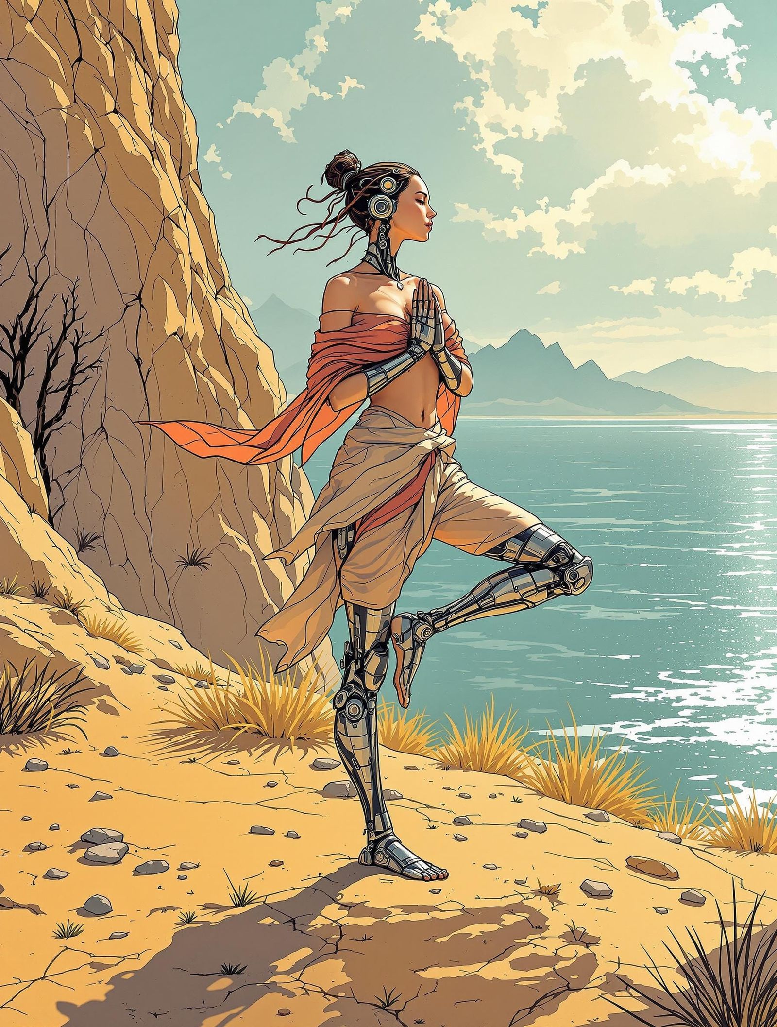 Cyborg Balances in Tree Pose on Desert Oasis