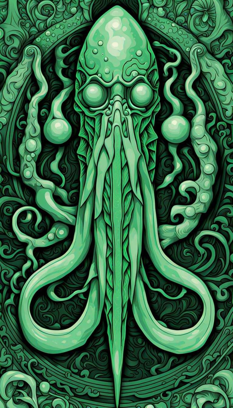 Jade Sphinx with Tentacles on Obsidian Plinth