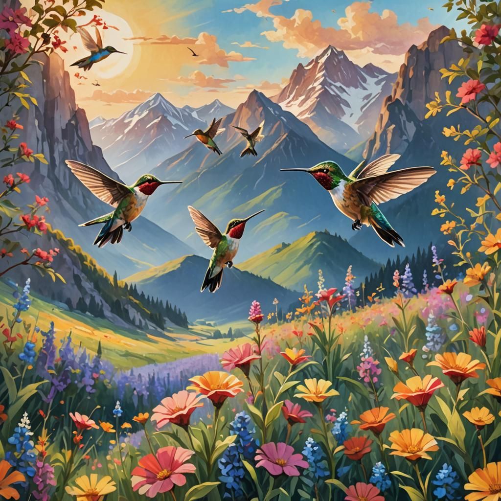 Hummingbirds in Impressionist Flower Field at Sunset