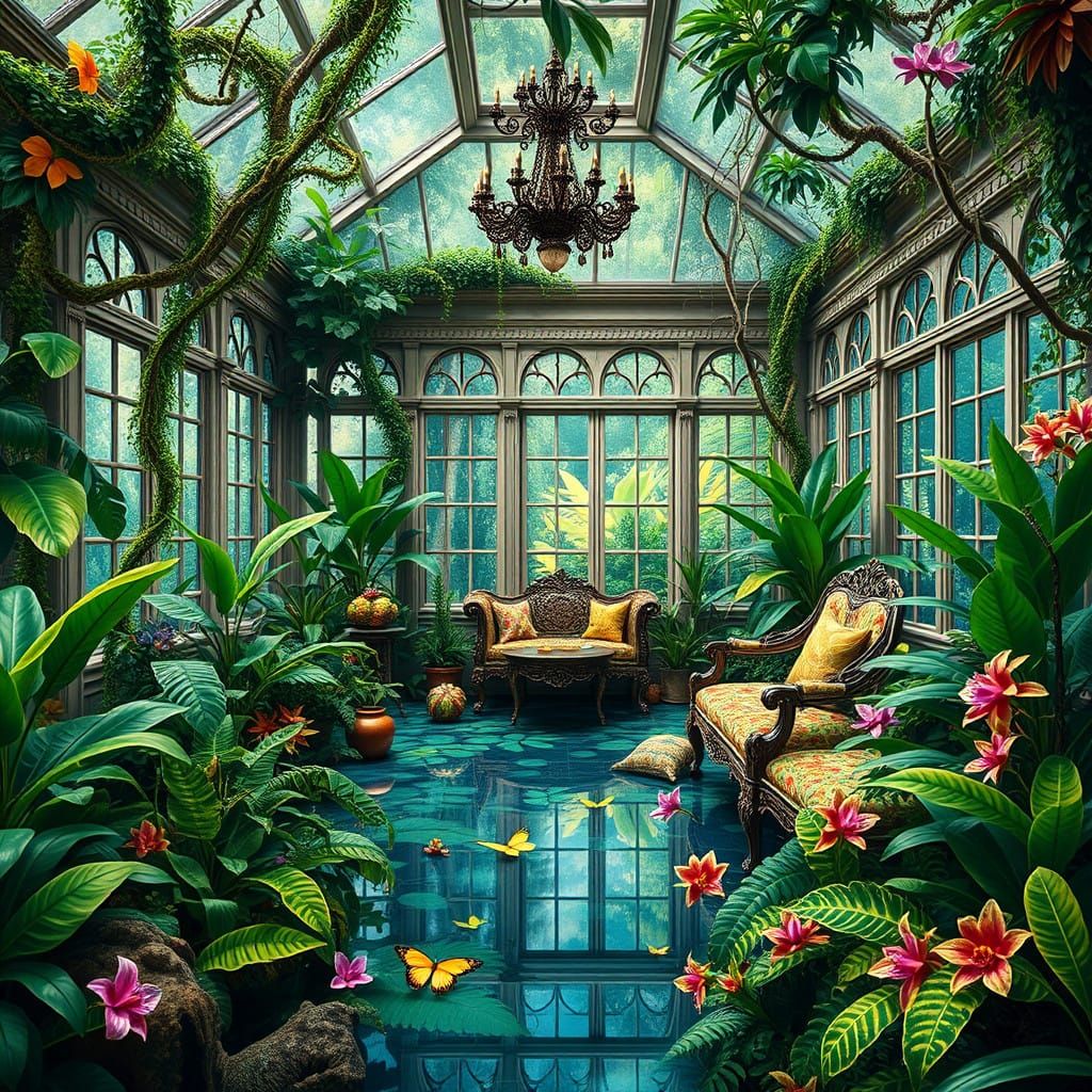 Vibrant Tropical Oasis in a Glass-Enclosed Sun Porch