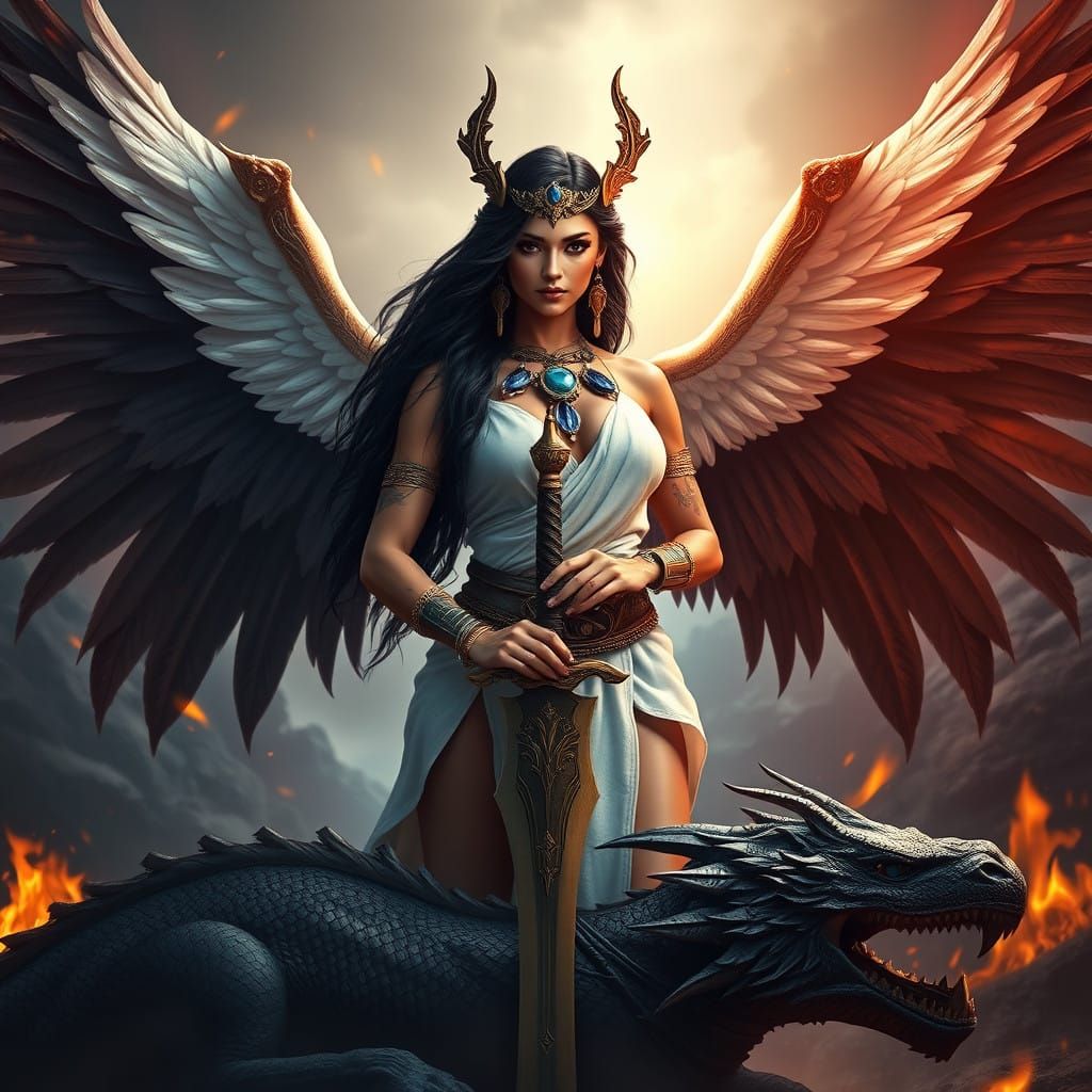 Sensual Goddess of Heaven and Earth with Magical Wings and D...