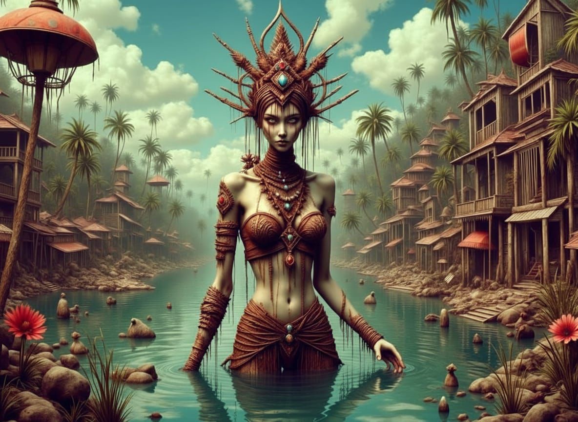 Alien Woman Fishing in Surreal Dystopian Landscape