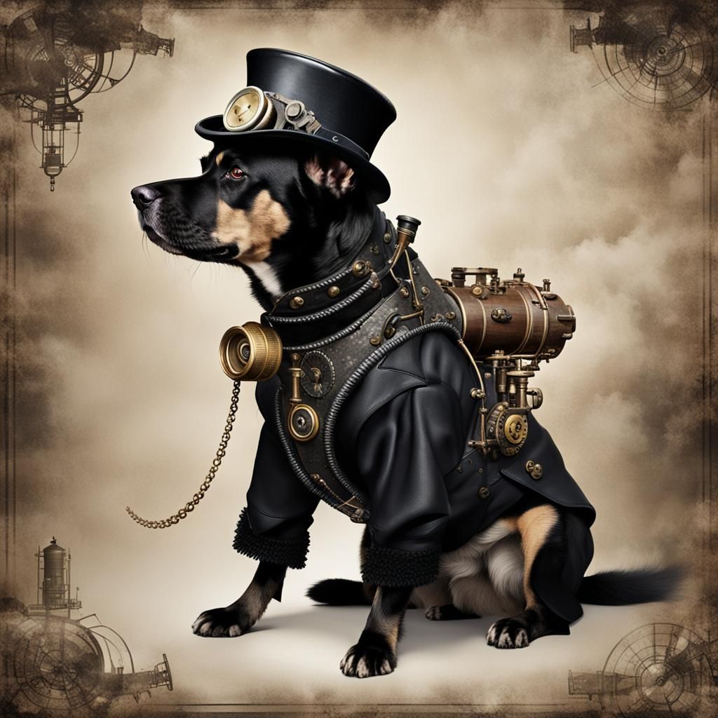 Dog in Goth Clothes with Steampunk Engine