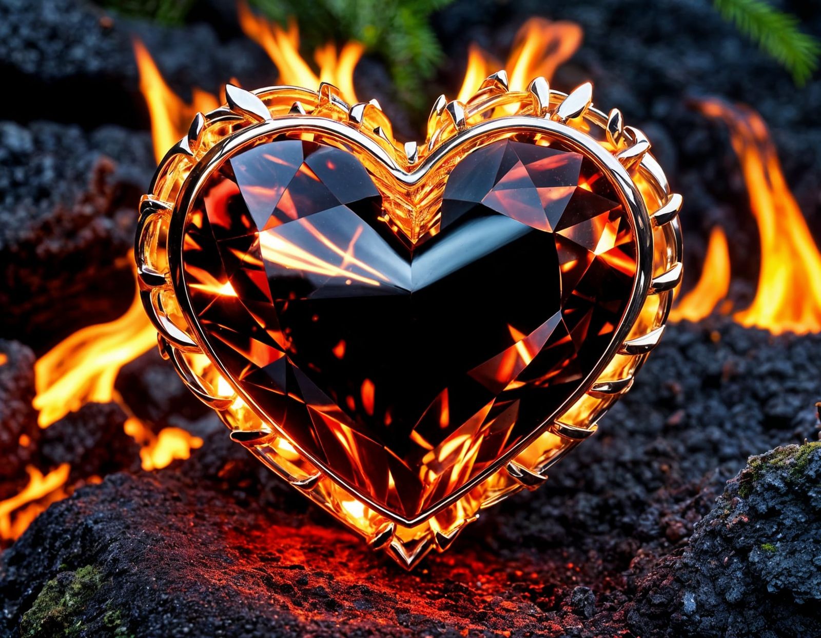 Burning Metallic Heart in Fiery Landscape