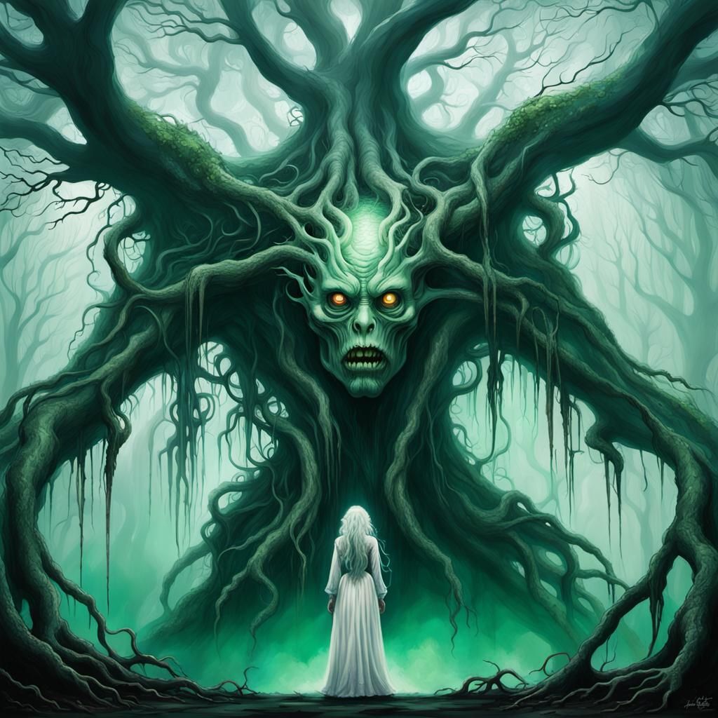 Eerie Pale Green Monster in Dark Surrealism Style