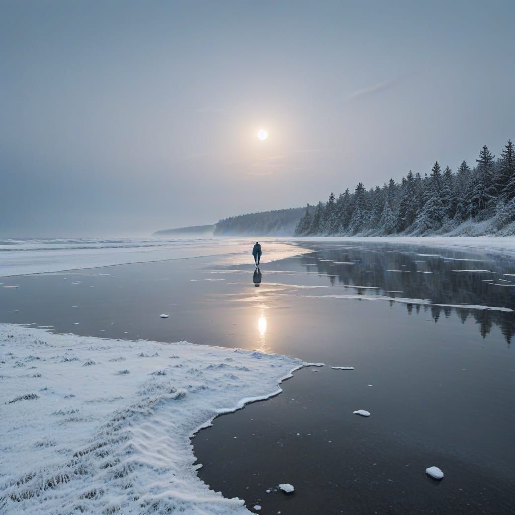 Minimalist Winter Beach Scene with Lone Figure