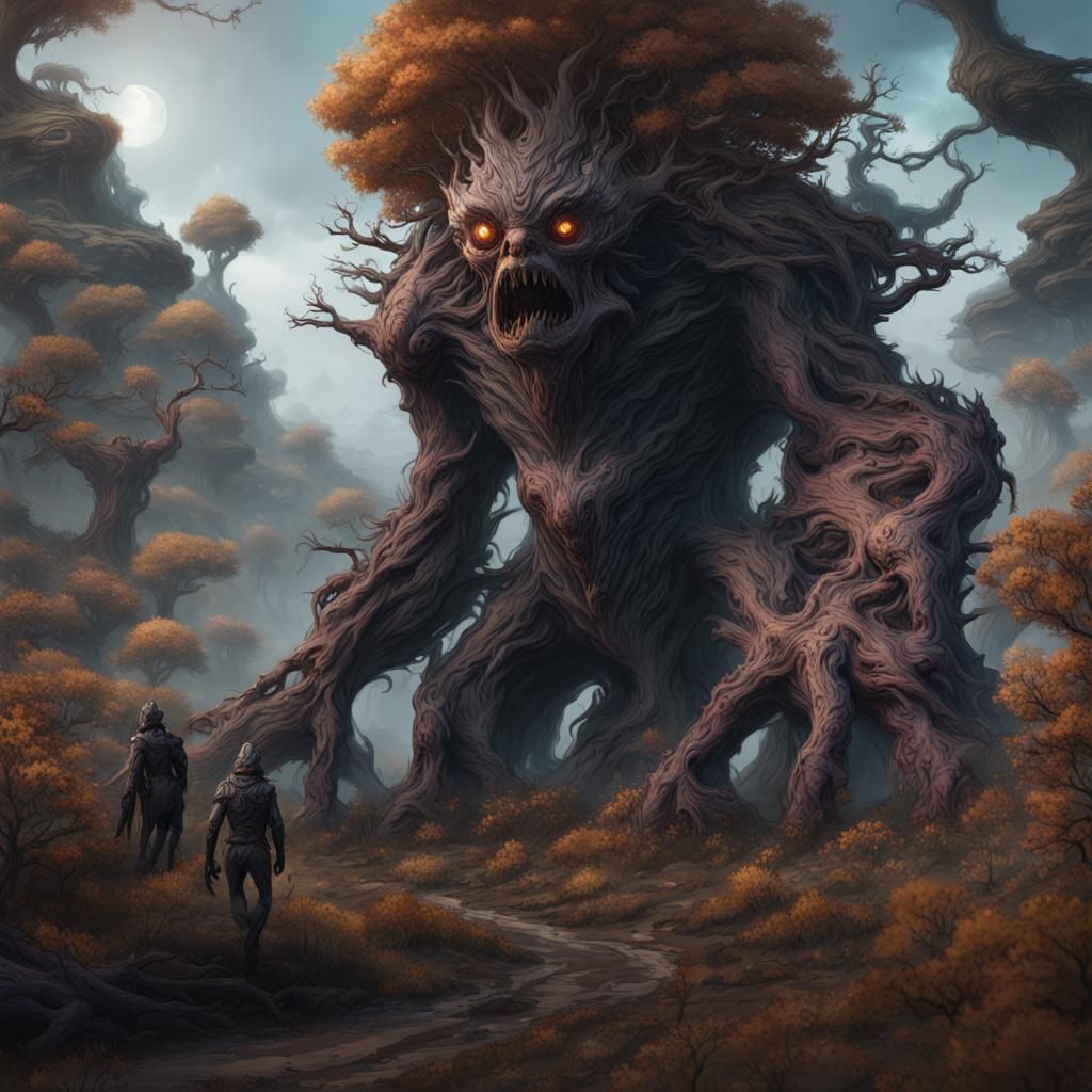 Fantastical Hybrid Man-Tree Monsters in Detailed Matte Paint...