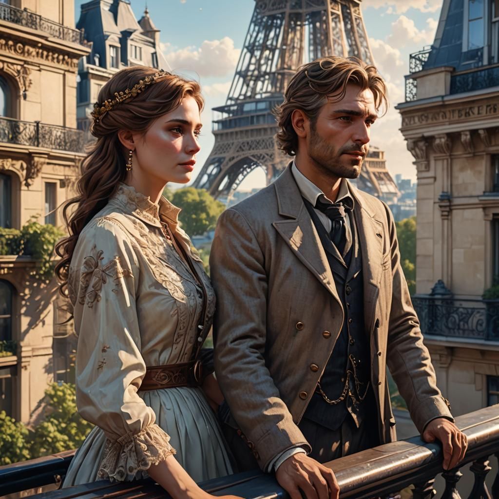 Victorian Couple Admire Eiffel Tower, Hyperrealistic Portrai...