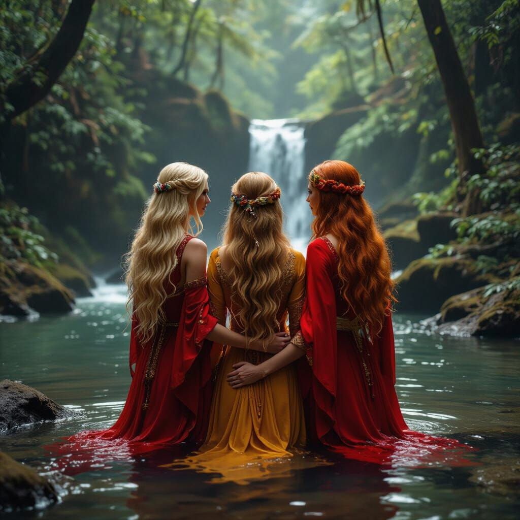 Women in Red Gazing at Forest Waterfall