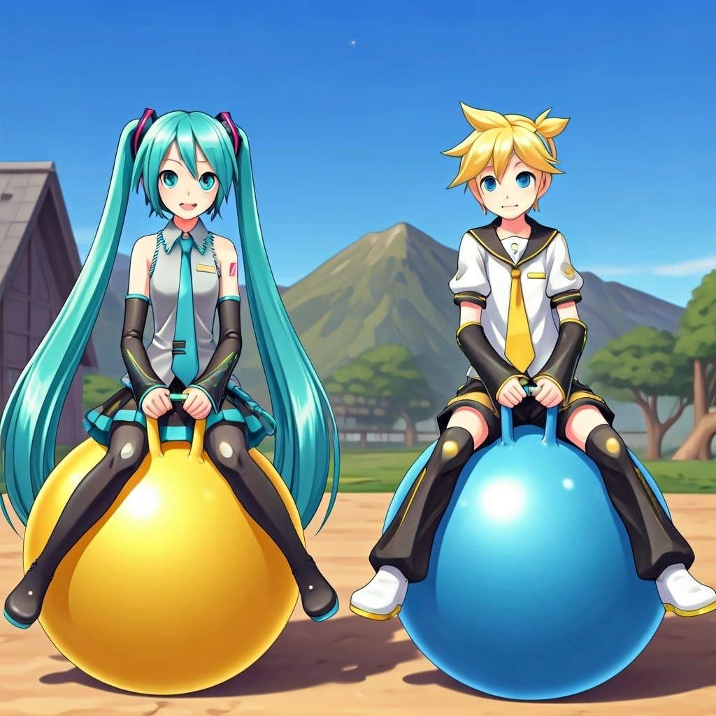 Vocaloids Miku and Len Playful on Trampoline Balls