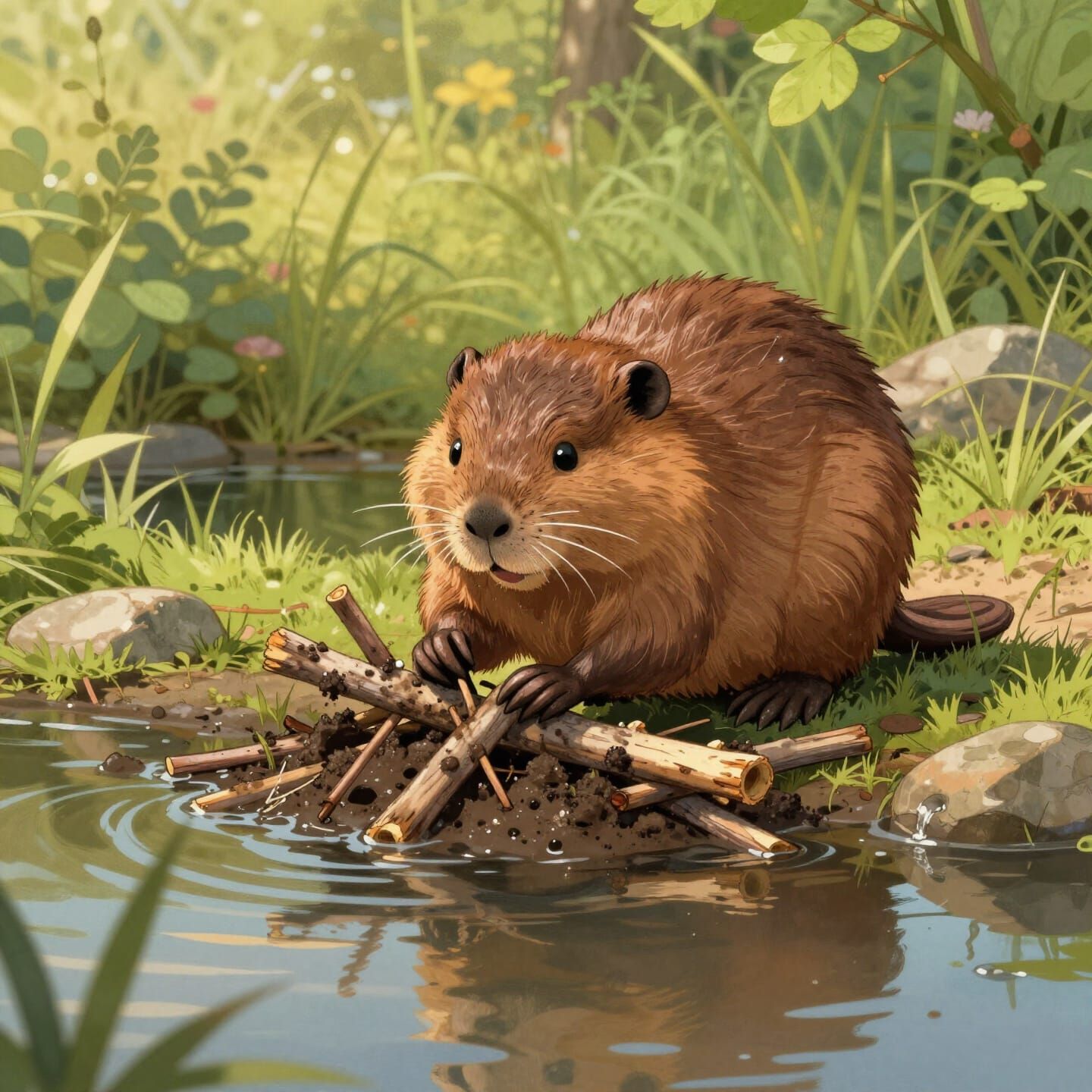 Cute Beaver Building Dam in Golden Hour Light