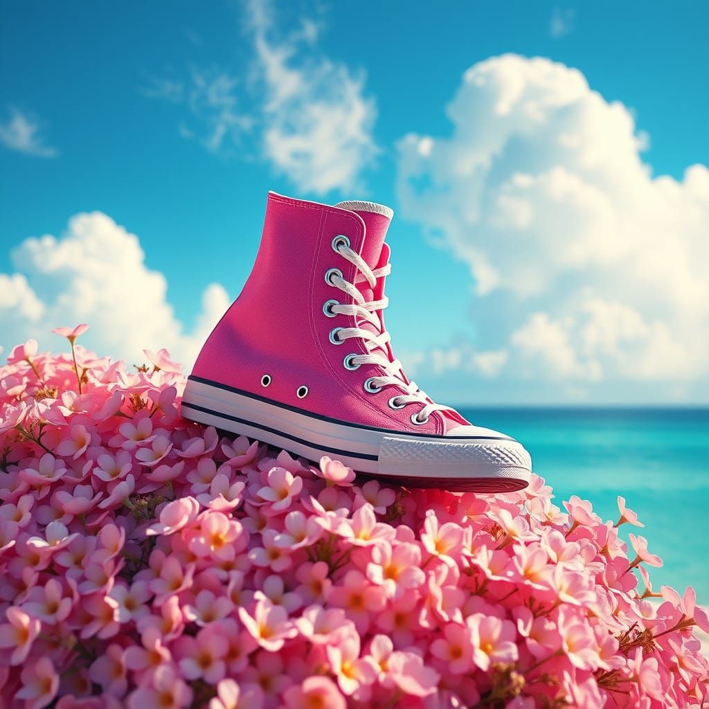 Whimsical Pink Converse Amidst Lush Blooms in a Dreamlike Sk...