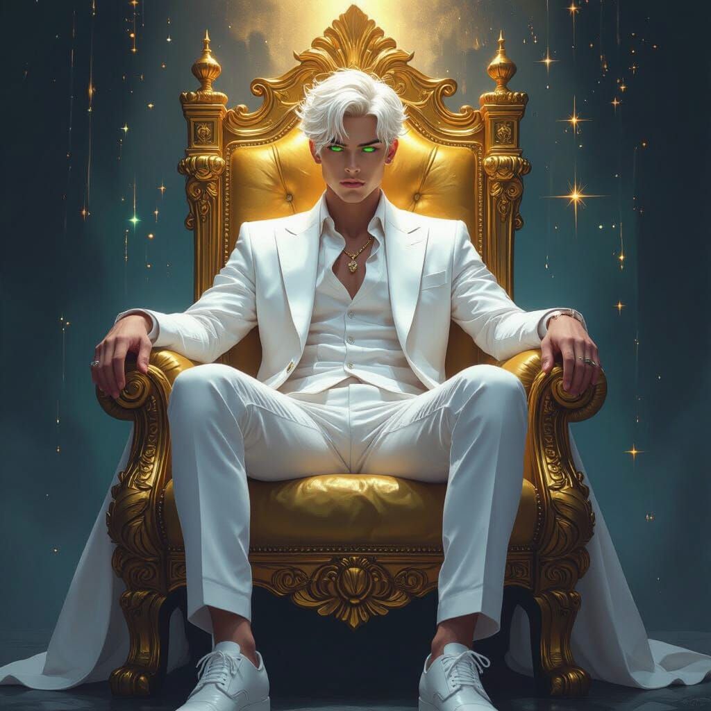 Androgynous Man on Golden Throne in Futuristic Style