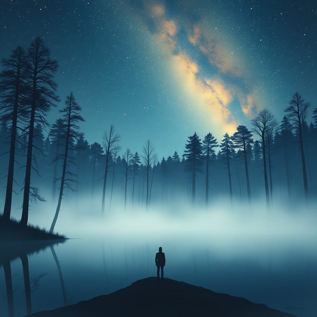 Serene Foggy Night Scene at the Water's Edge in Dreamy, Ethe...