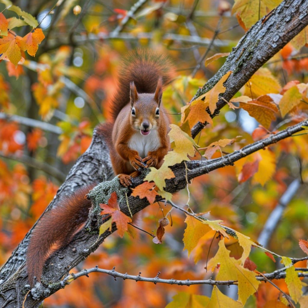 Red Squirrel Plays Bugle in Autumn Forest