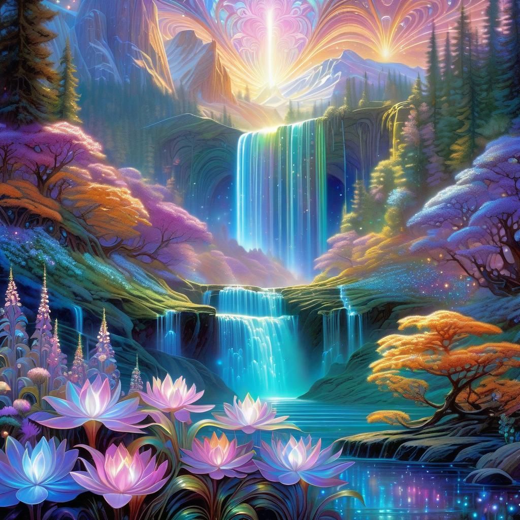 Holographic Magical Landscape with Crystalline Flowers