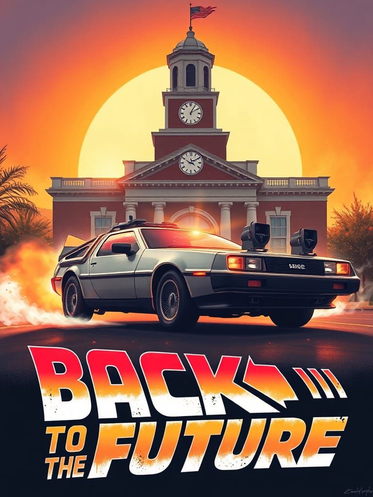Radiant DeLorean Time Machine: 80s Movie Poster Art