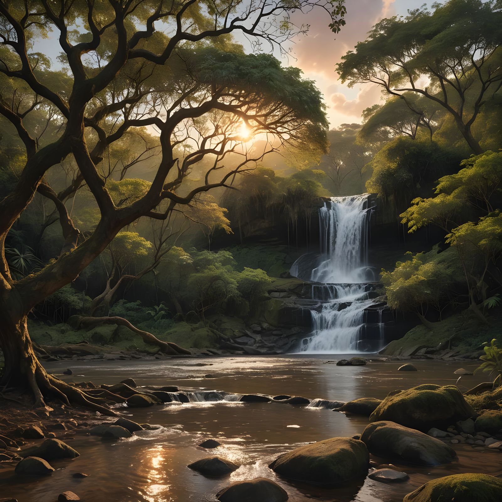 Vibrant Sunset Waterfall with Lonely Tree