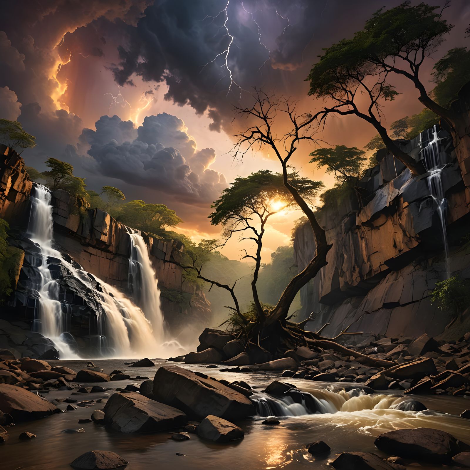 Vibrant Sunset Waterfall with Long Exposure Effect