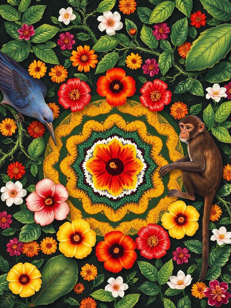 A rangoli made entirely of vibrant flower petals — hibiscus, marigold, jasmine — surrounded by creeping vines and tropic...