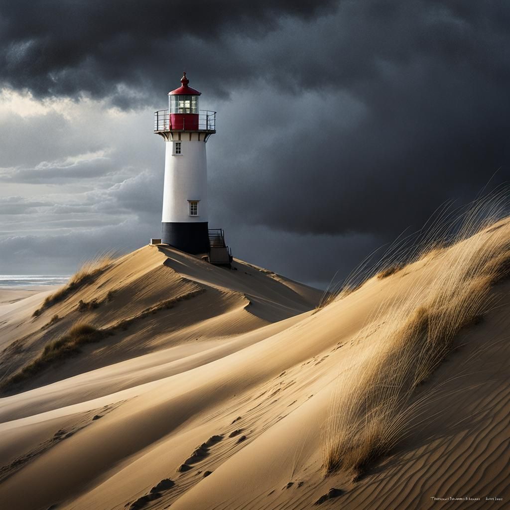 Lighthouse on Shifting Dune During Stormy Evening