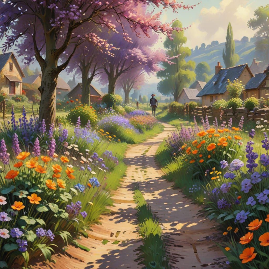 Spring Village Scene in Impressionist Style