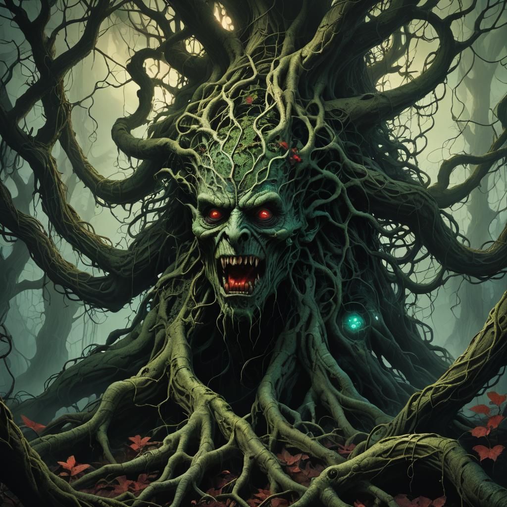 Grotesque Creature Emerges in Bioluminescent Forest