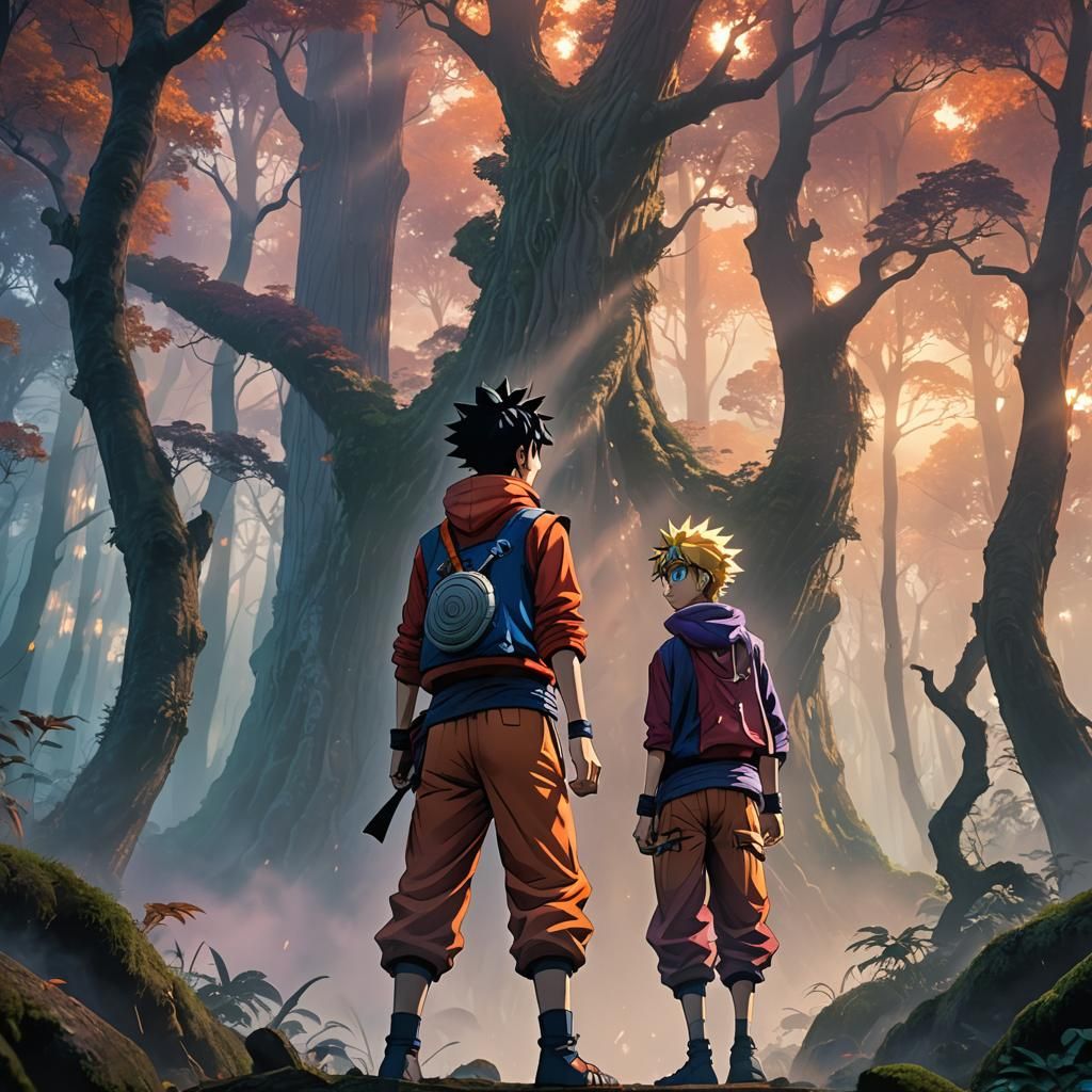 Luffy and Naruto in Mystical Forest Concept Art