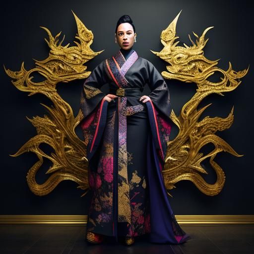 Warrior Girl in Black Gold Kimono, Photorealistic Art