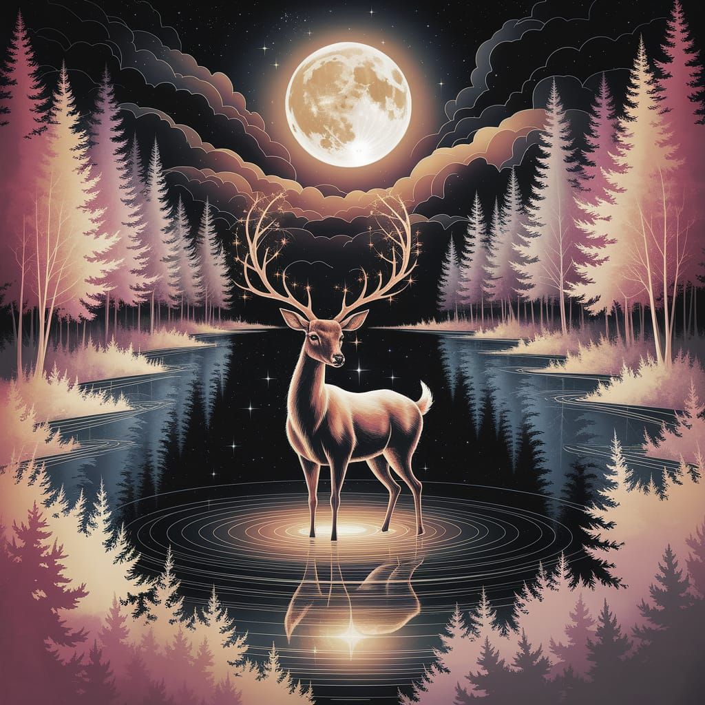 Luminous Deer in Moonlit Lake: Dreamlike Expressionism