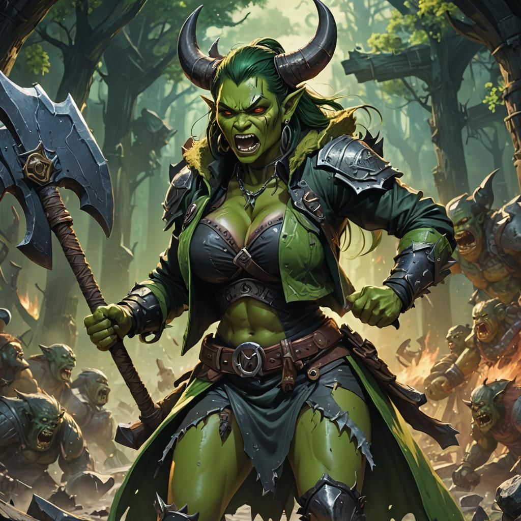 Anime Ork Woman with Axe in Fantasy Style