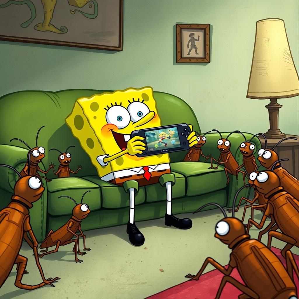 SpongeBob SquarePants Plays PSP Surrounded by Roaches
