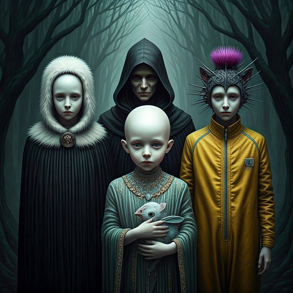 Eerie Family Portrait in a Mist-Shrouded Forest