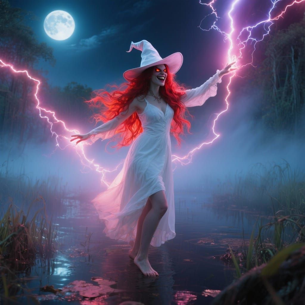 Evil Witch in Enchanted Swamp at Full Moon