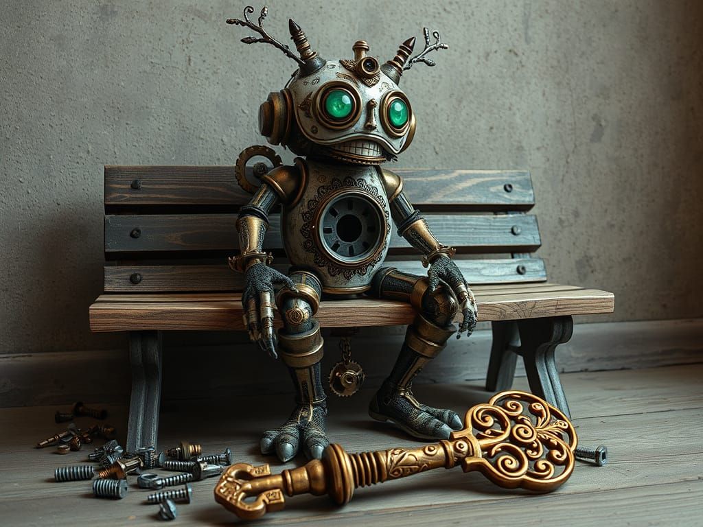 Steampunk Automaton Sits Poised on Weathered Bench