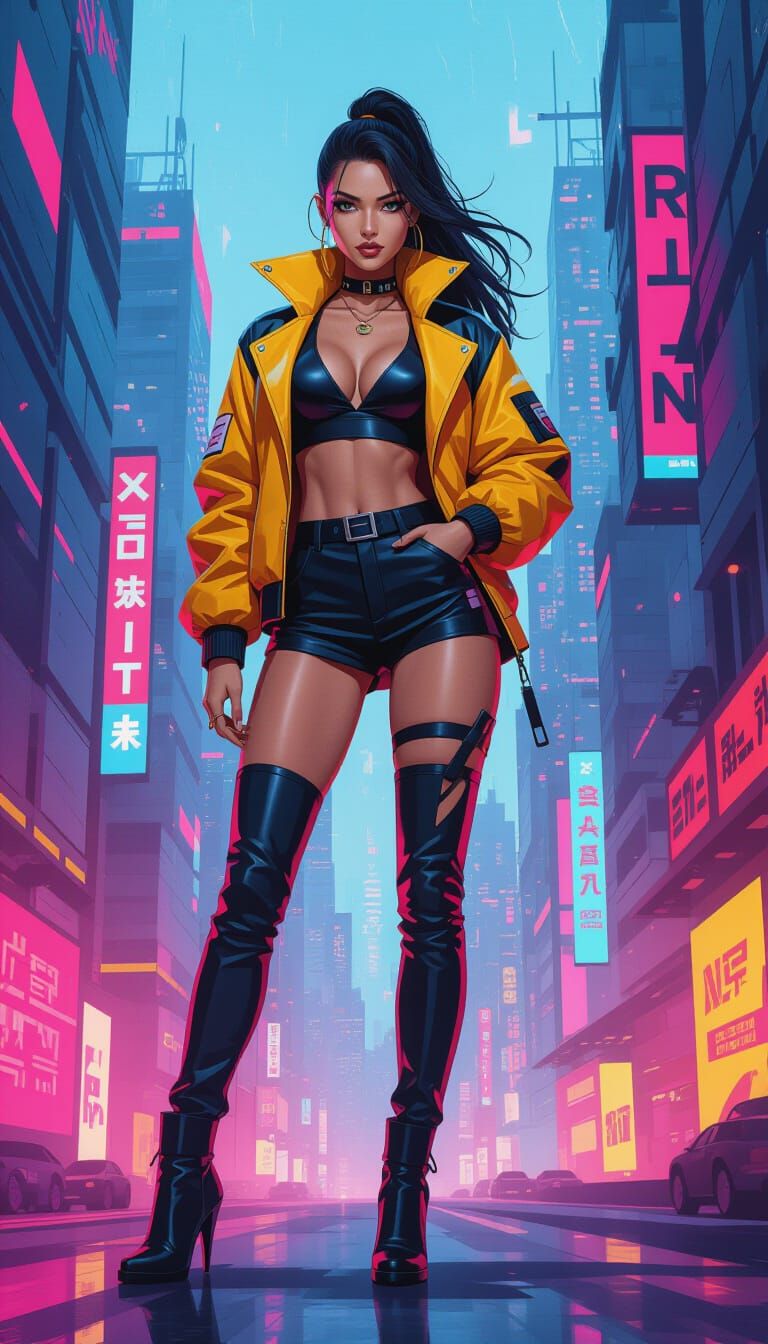 Confident Woman in Futuristic Dystopian Cityscape