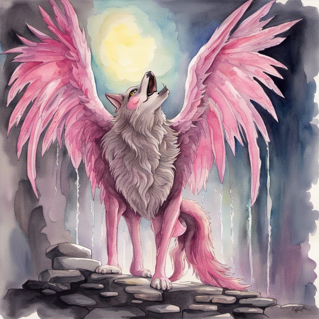 Pink Winged Wolf Howling in Well, Watercolor Art
