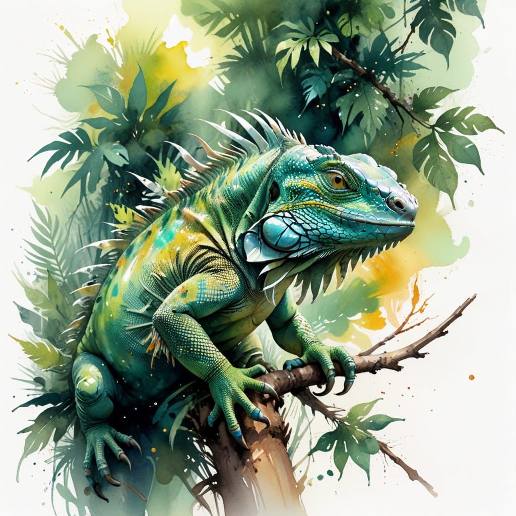 Vibrant Green Iguana in Lush Jungle Canopy