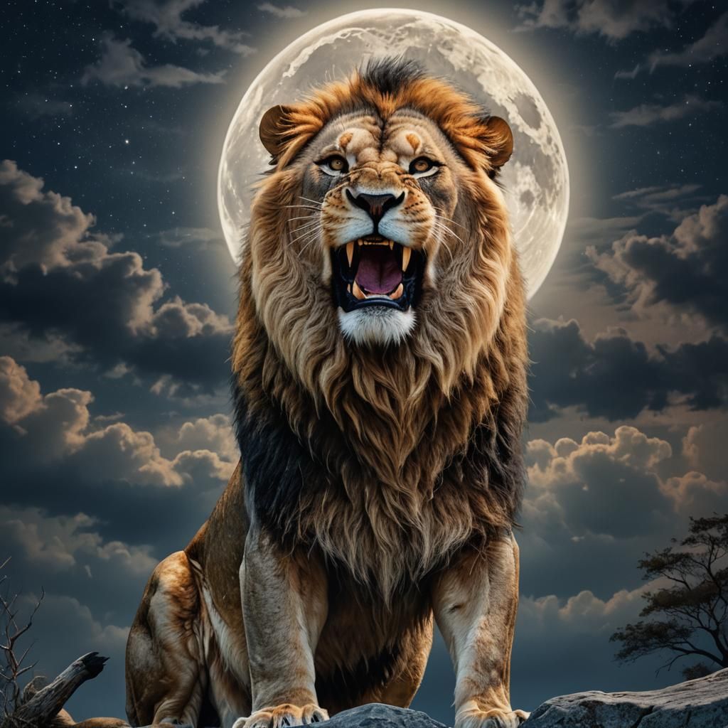 Roaring Lion Portrait Under Full Moon in Digital Art