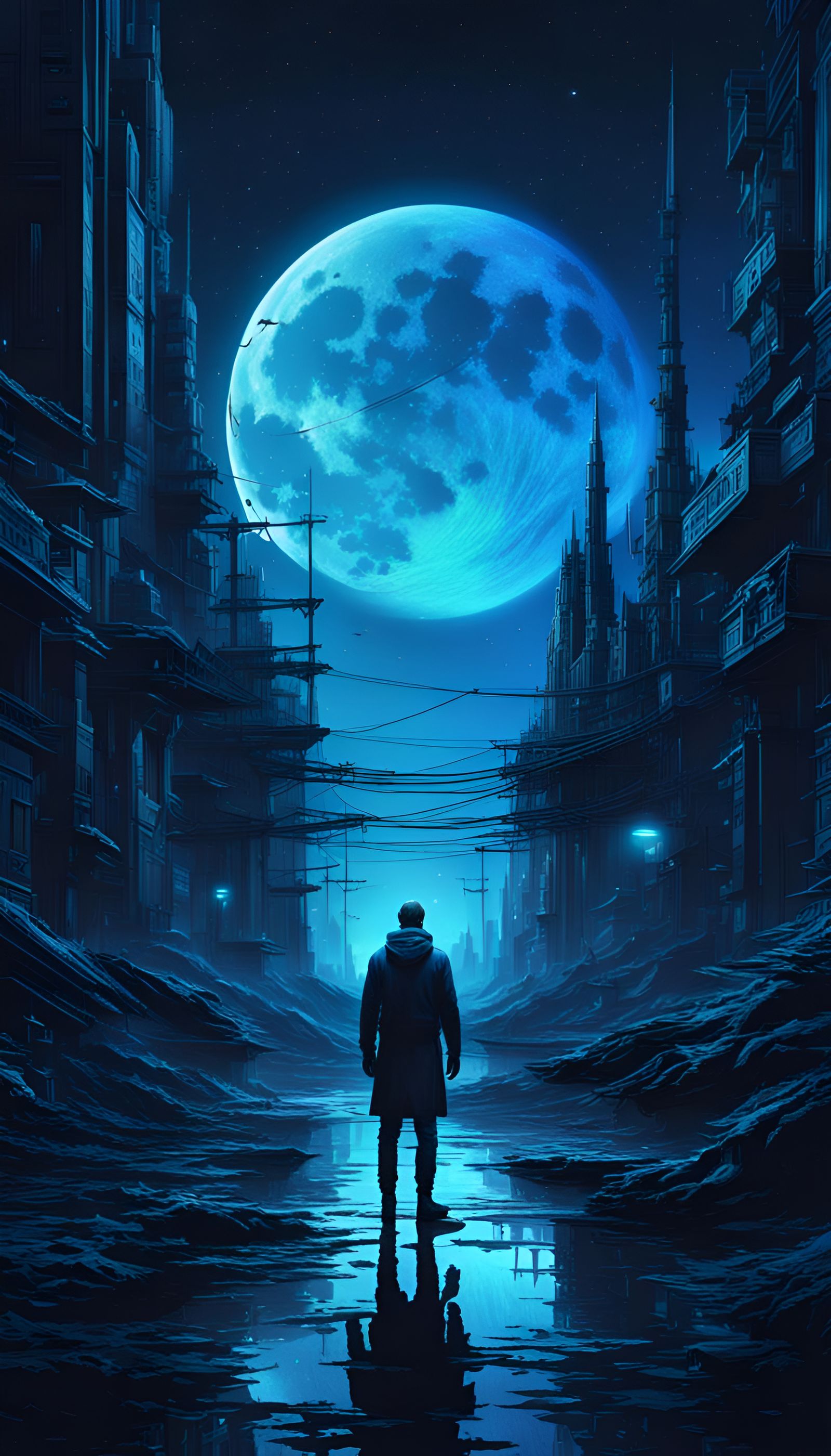 Lonely Figure in Neon Lights at Night