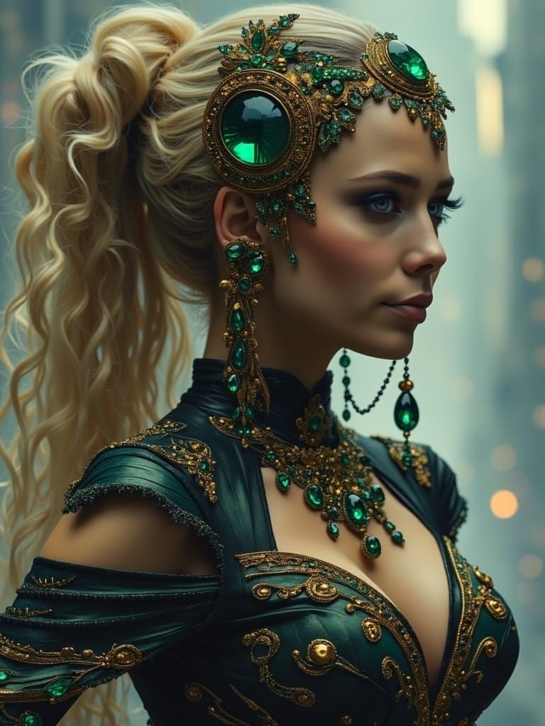 Enchanting Woman in Emerald Jewels Amidst Dark Urban Landsca...