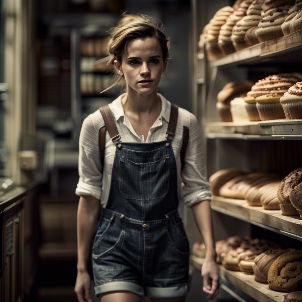 Hyperrealistic Bakery Scene with Woman in Overalls