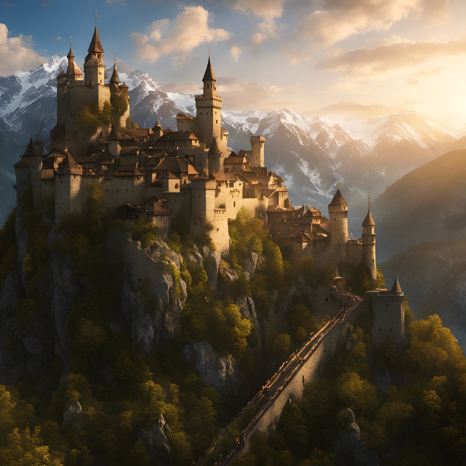 Eagle Soaring Over Hyperdetailed Medieval Fortress