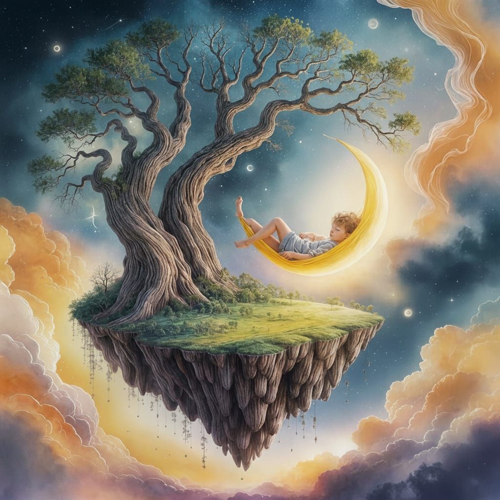 Boy Sleeping on Moon in Nebula, Visionary Watercolor