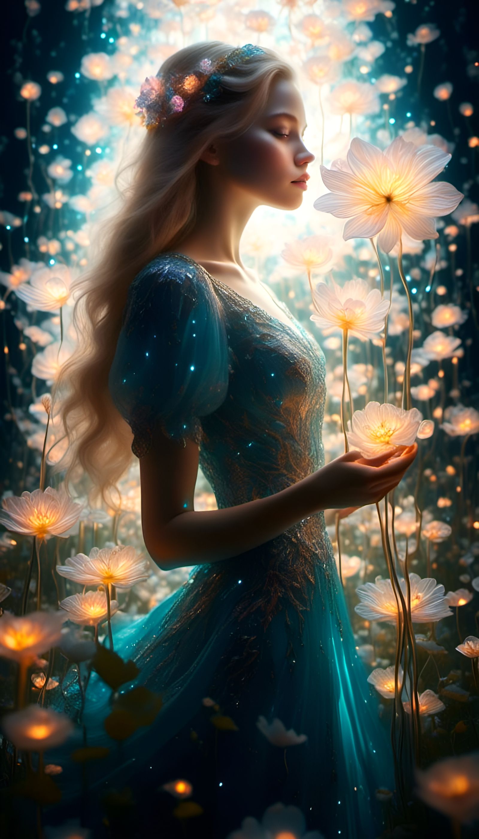 Sparkling Girl Nurtures Bioluminescent Flower in Fantasy Sce...