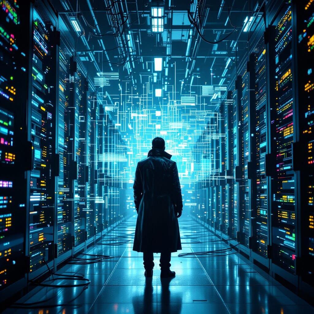 Cyberpunk Figure in Underground Data Center