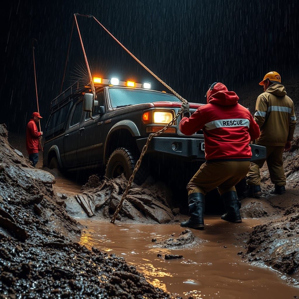 Rescue Team Battles Thick Flood Mud