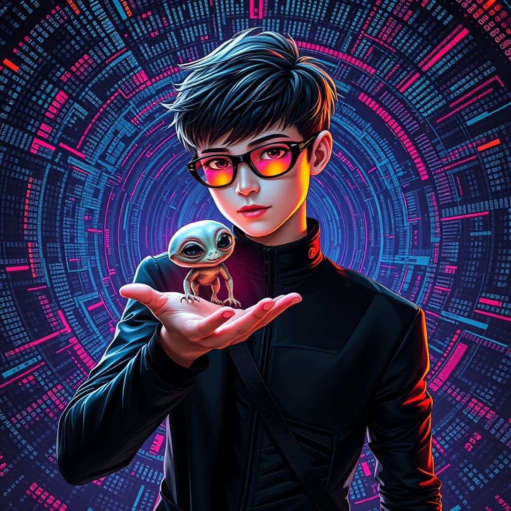 Futuristic Teen and Alien Encounter in Glitchcore Style